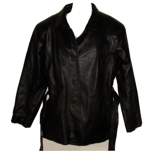 Genuine Leather Belted Jacket Coat Women's Size M Black - Picture 1 of 7